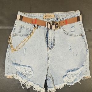 Burberry Distressed Light Blue Jean Shorts with Brown Belt